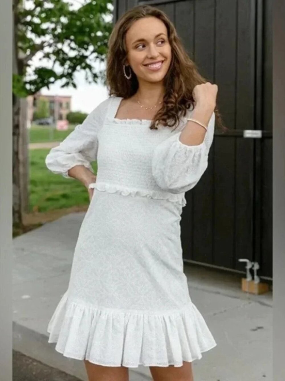 Veronica Beard White Denise Smocked Eyelet Mini Dress Size 6